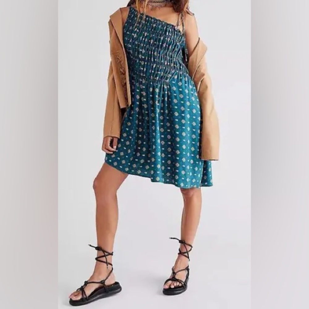 Free People Clementina Ruched Asymmetrical Floral Mini Dress Teal Size XS fits M - Picture 5 of 11